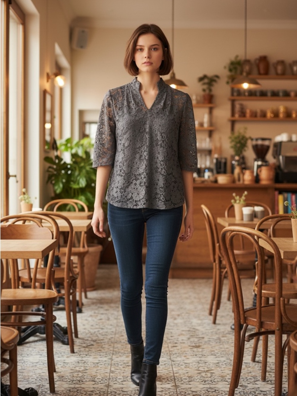 Investments Black Lace V-Neck 3/4 Sleeve Top